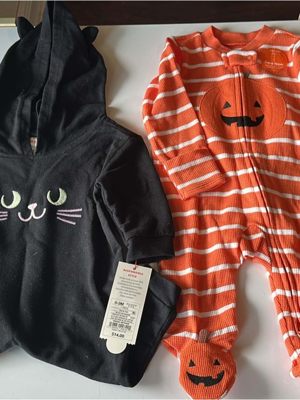 Carter's Black Cat Hooded Romper & Orange Striped Pumpkin Footie Set
